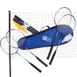 Brand New-In Original Sealed Box. Hey! Play! All-in-One Badminton Set - Backyard Game Including 4 Rackets, 3 Birdies, and Net with Poles