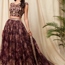 Lashkaara Deep Purple Floral Organza Lehenga, Size Large