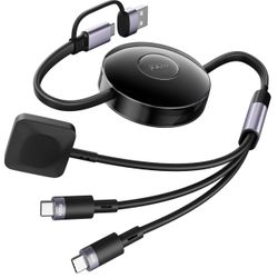 100W Retractable 2X USB-C Charging Cable with Apple Watch Charger - 3-in-1 Dual USB C (100W/10W) and iWatch Fast Charger, Portable Travel Multi Charge