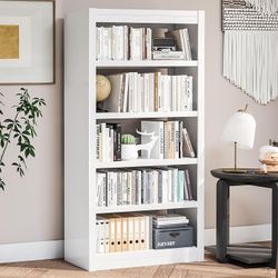Metal Bookshelf, 5-Tier Bookcase with Adjustable Storage Shelves, White Book Shelf with Book Stopper,