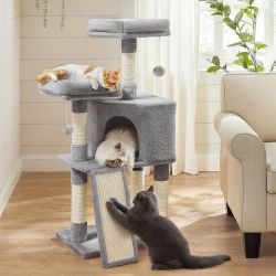 Cat Tree, 45.3-Inch Cute Cat Tower, Climbing Condo, Light Gray with 4 Sisal Scratching Posts, 2 Perches, Spacious Cave, Scratching Ladder, Plush Toy B