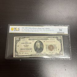 MINOR OVERINK ERROR $1929 $20 Atlanta Georgia Graded PCGS 30