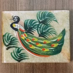 Soapstone Trinket Box With Hinged Lid With Hand painted Peacock 