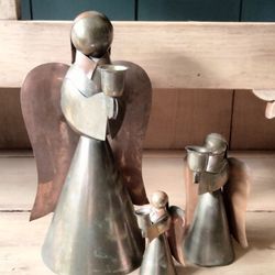 Three Vintage MCM Mid-century Modern Copper Brass Angel Candle Holder Christmas Holidays