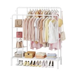 47'' * 65'' Heavy Duty Clothes Rack, Double Rods Clothing Racks for Hanging Clothes, Garment Rack with 4 Tier Closet Shelves & 4 Hooks for Clothing St