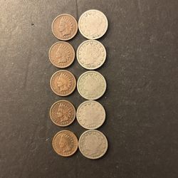 Coins –5 Liberty V Nickels (5 different dates) and 5 Indian Pennies (Different Dates)   – Total 10 Coins