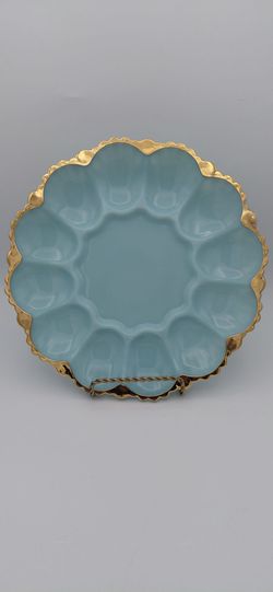 Beautiful Vintage Anchor Hocking Fire King Delphite Blue Milkglass Deviled Egg Platter With Gold Trim