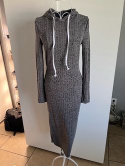 Gray Ribbed Hoodie Midi Dress
