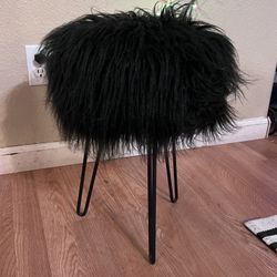 Black Faux Fur Ottoman with Hairpin Legs
