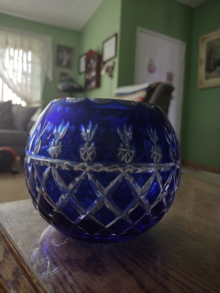 Vintage Fairy Lamp Cut Lead Crystal Clear Cobalt Blue Glass Votive Tea Light Candle Holder Bohemian Retro Globe Sphere Czech Round Ball