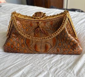 Besso Gold Croc Leather Swarovski Crystal Statement Handbag Evening Purse