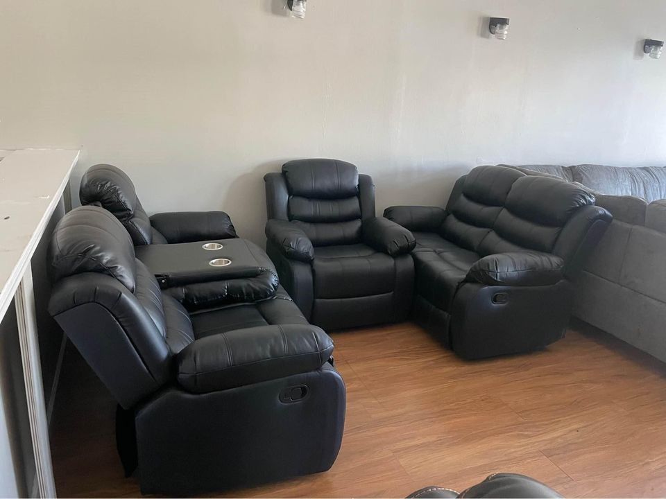 Leather Black Recliner Sofa + Loveseat, Recliner Curve Sofa