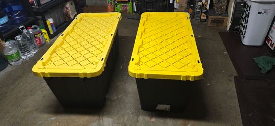 Two 55 Gal. Tough Storage Tote / Bin in Black with Yellow Lid