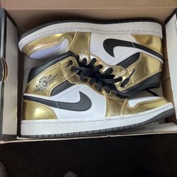 White Gold Black Jordan 1s Mid