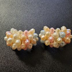 Exquisite Pair Of Vintage Clip On Earrings- Pink, Ivory, And Blue