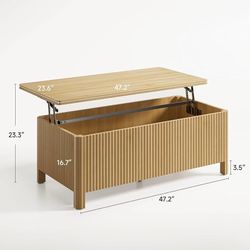 Fluted Lift Top Coffee Table, Mid-Century Modern Coffee Table Farmhouse Coffee Table with Hidden Compartment, Rising Top Wood Center Table for Living 