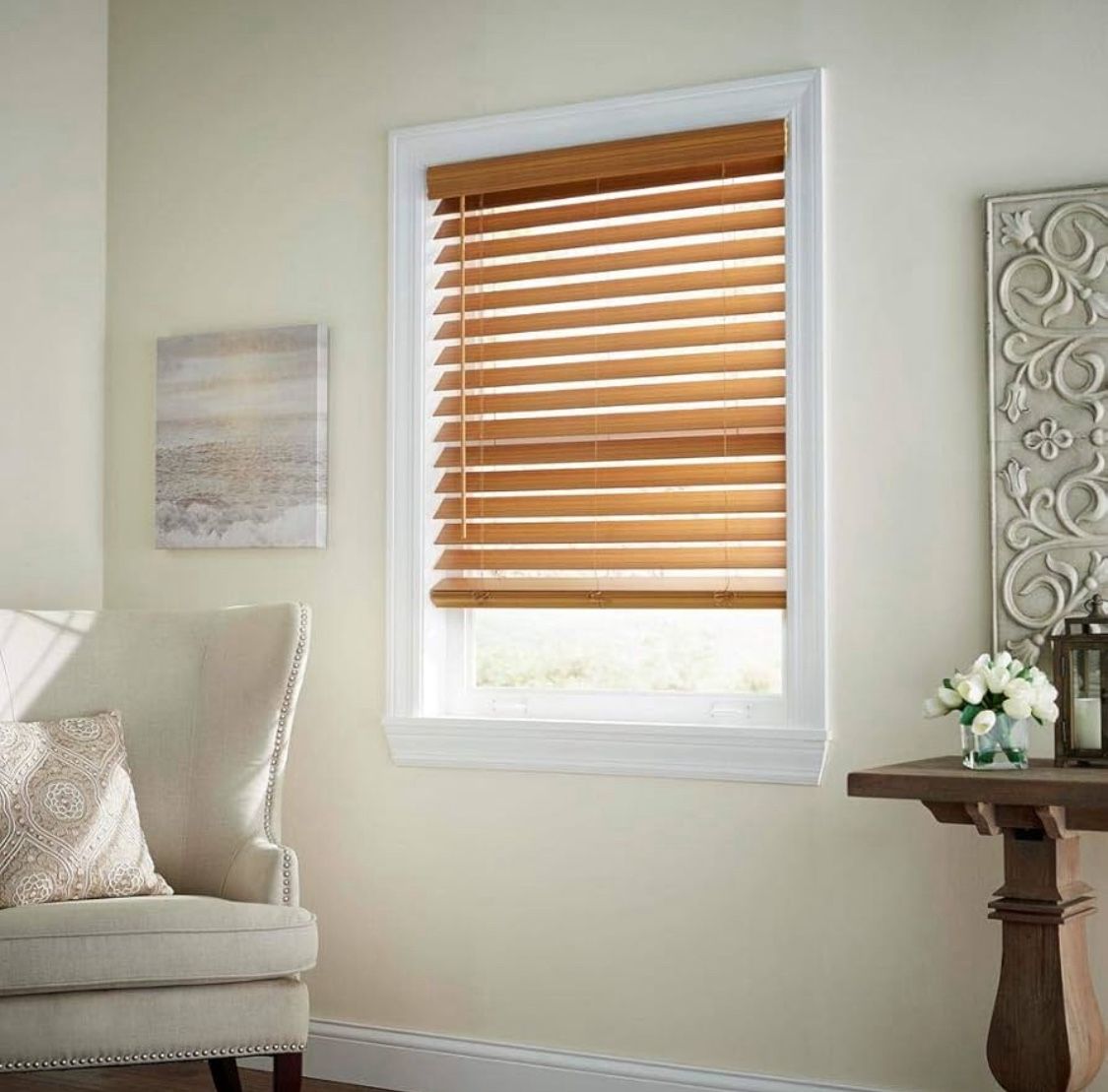 Home Decorators Collection Cordless 2.5″ Faux Wood Blinds (Chestnut), 52″ x 64″ – $75
