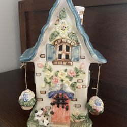 Porcelain Tealight Cottage House Lovebirds Cat Kitten Hanging Planters 8.5"x4.5" - Picture 2 of 2  Porcelain Tealight Cottage House Lovebirds Cat Kitt