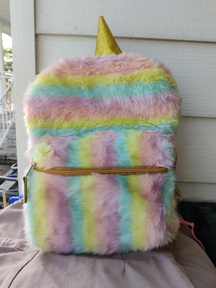 Fuzzy Rainbow Unicorn Backpack School Book Bag Faux Fur Wonder Nation Like New