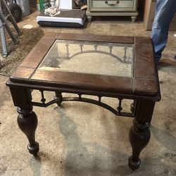 Wood - Leather - Glass End Table 