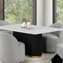 Marble Dining Table - White Marble Top / Black Reeded Base W/ Gold Trim
