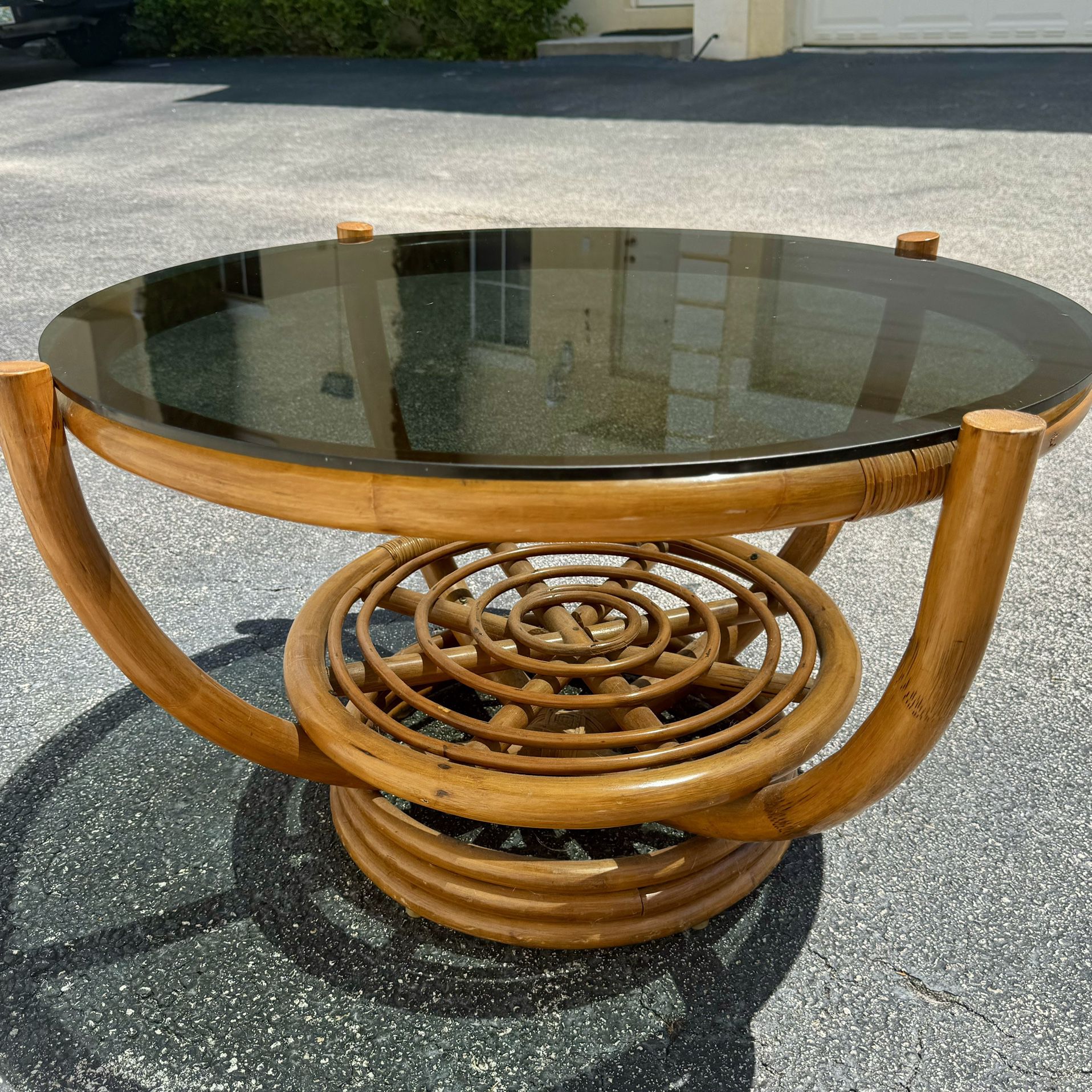 Vintage rattan coffee table with smoked glass