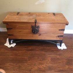 Wooden Trunk With Old Style Hinges And Lock With Key