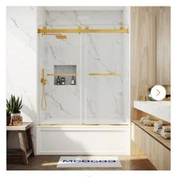56-61 in. W x 60 in. H Double Sliding Frameless Smooth Sliding Tub Door in Brushed Gold with 3/8 in.