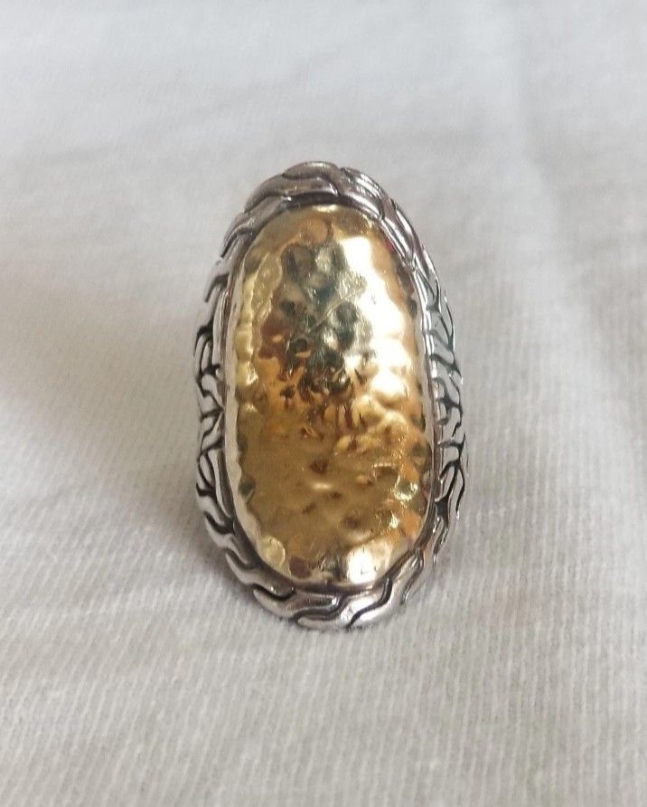 John Hardy Palu Hammered 22k Yellow Gold Sterling Silver 925 Saddle Ring sz 6.5