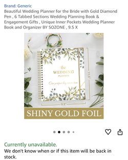 $5-Beautiful Wedding Planner for the Bride with Gold Diamond Pen, 6 Tabbed Sections Wedding Planning Book & Engagement Gifts, Unique Inner Pockets We