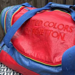 Vintage Rare Tote Soft Leather United Colors Of Benetton Gym Bag Luggage Travel Duffel Bag 
