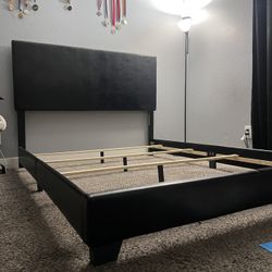 Upholstered Platform Bed Frame with Headboard (Black Faux Leather)