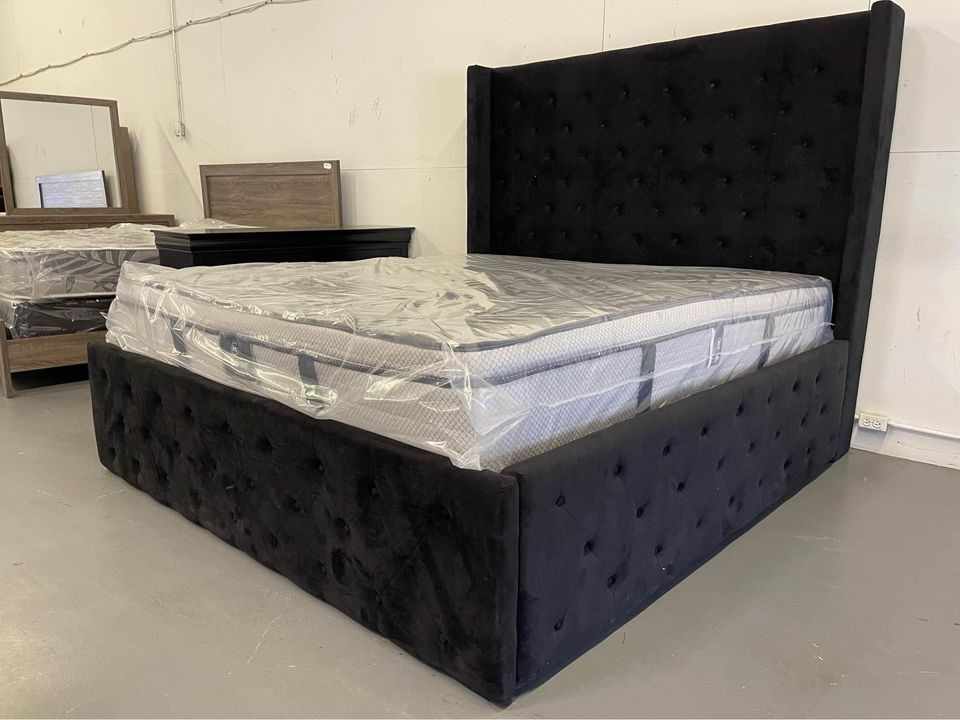 Black Upholstered King And Queen Size Bed frame, Mattress 