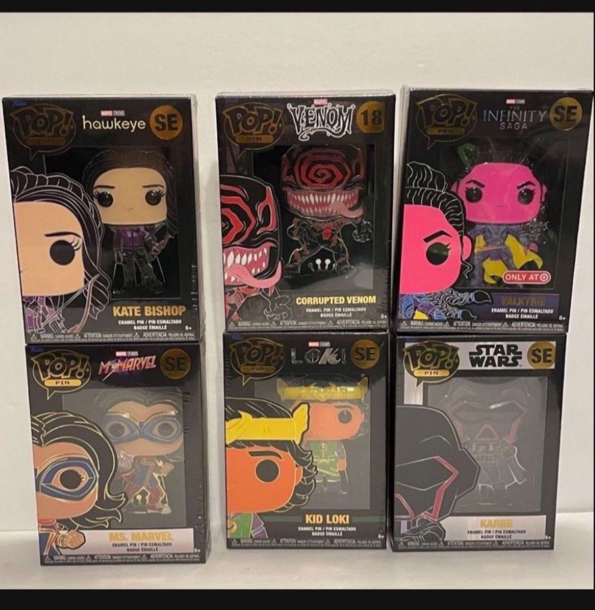 Funko Pop Pins Marvel Venom Hawkeye Ms. Marvel Kid Loki Infinity Valkrie Star Wars Karre