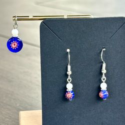 🇺🇸 Pretty red white & blue sun star Murano Millefiori type beaded pendant and earrings
