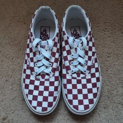 Vans Off The Wall White And Maroon Checkerboard Lace Up Canvas Sneakers Womens Size 8