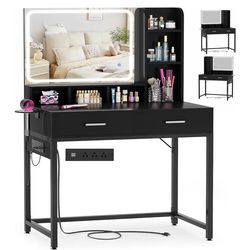 Small Vanity Desk, Vanity Desk with Mirror and Lights, Makeup Vanity Desks with Power Strip, Vanity Table with Drawers and Shelves, Adjustable Lightin