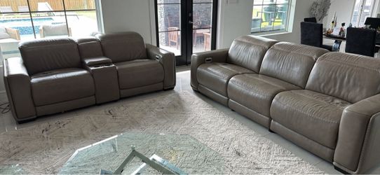 Used Taupe Leather Reclining Sofa and Loveseat Set