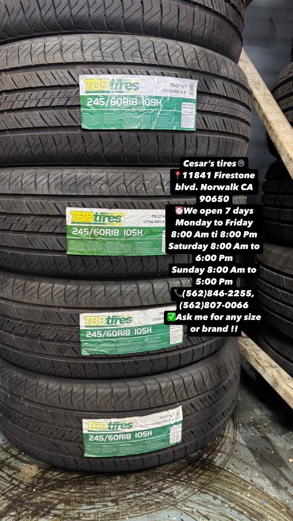 245/60R18 TBB HT A SET OF FOUR NEW TIRES, INCLUDES MOUNTING AND BALANCING WITH WARRANTY, ASK ME FOR ANY SIZE OR BRAND, WE HAVE THE BEST PRICES!!
