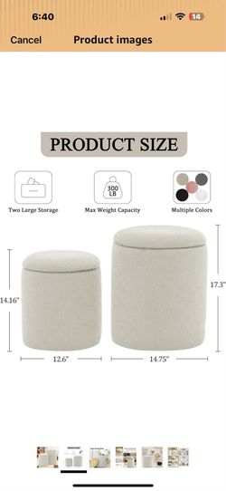 Round Ottoman with Storage, Set of 2, Small Vanity Stool as Vanity Chair, Corduroy Ottoman Foot Rest for Small Space, Living Room, Bedroom, Beige