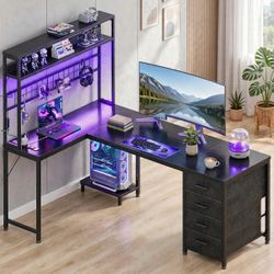 59" Reversible L Desk: LED + Built-in Outlets + 4 Drawers – New in Box