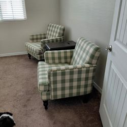 Two Sage Green And Off White Fabric Matching Chairs With Wood Legs