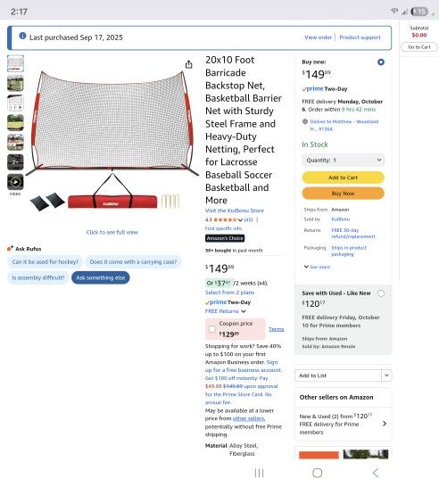 NEW IN BOX – 20x10 ft Sports Backstop Net w/ Steel Frame – Lacrosse, Baseball, Soccer, Basketball 🥎⚽