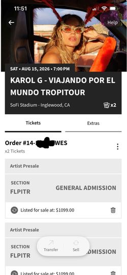 2 Karol G - GA PIT Tickets - Viajando Por El Mundo August 15, 2026