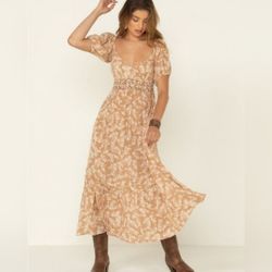 Free People Ellie Floral Printed V-Neck Smocked Puff Sleeve Neutral Maxi Dress