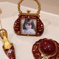 3pc Pewter Photo Frame, Card Holder, & jewerly Box. Red Laquer. 