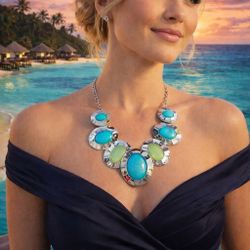 Silver-Tone Statement Necklace Blue & Green Cabochons Hammered Oval Link