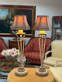 Pair of Unique Fine Art Candlestick Neoclassical  Lamps in Bronze Finish🌷