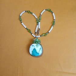 Handmade 20 Inch Beautiful Pearls & Green  Necklace With A Charm.