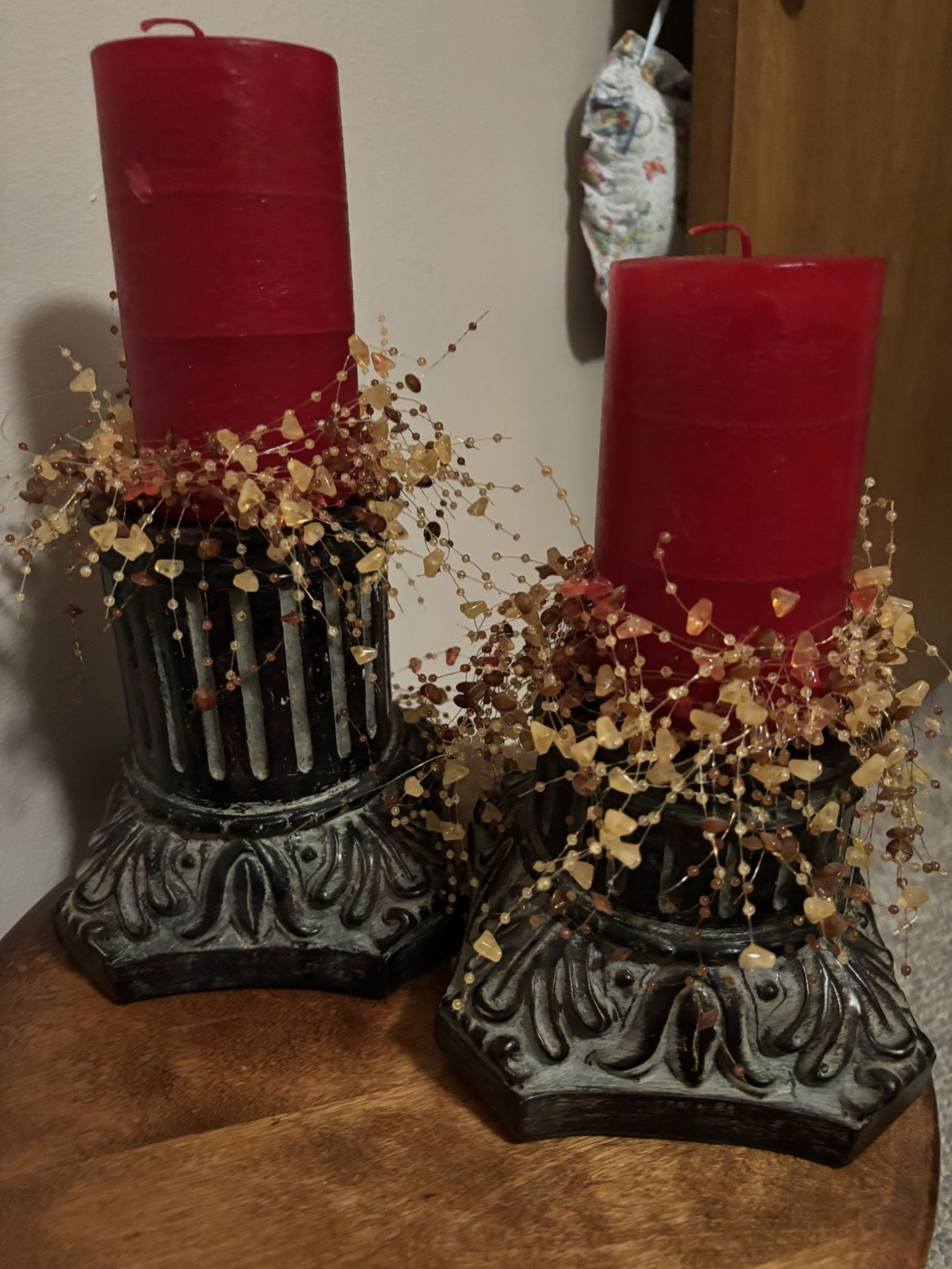 Set Of Large Candle Sticks With Pillar Candles & Beads